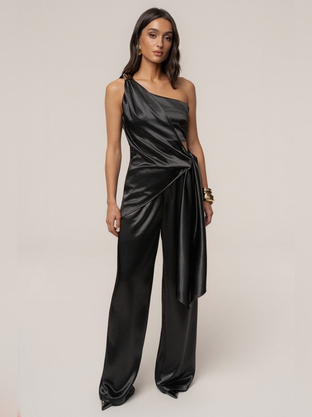 JLUXLABEL set One-Shoulder Black Satin and pants